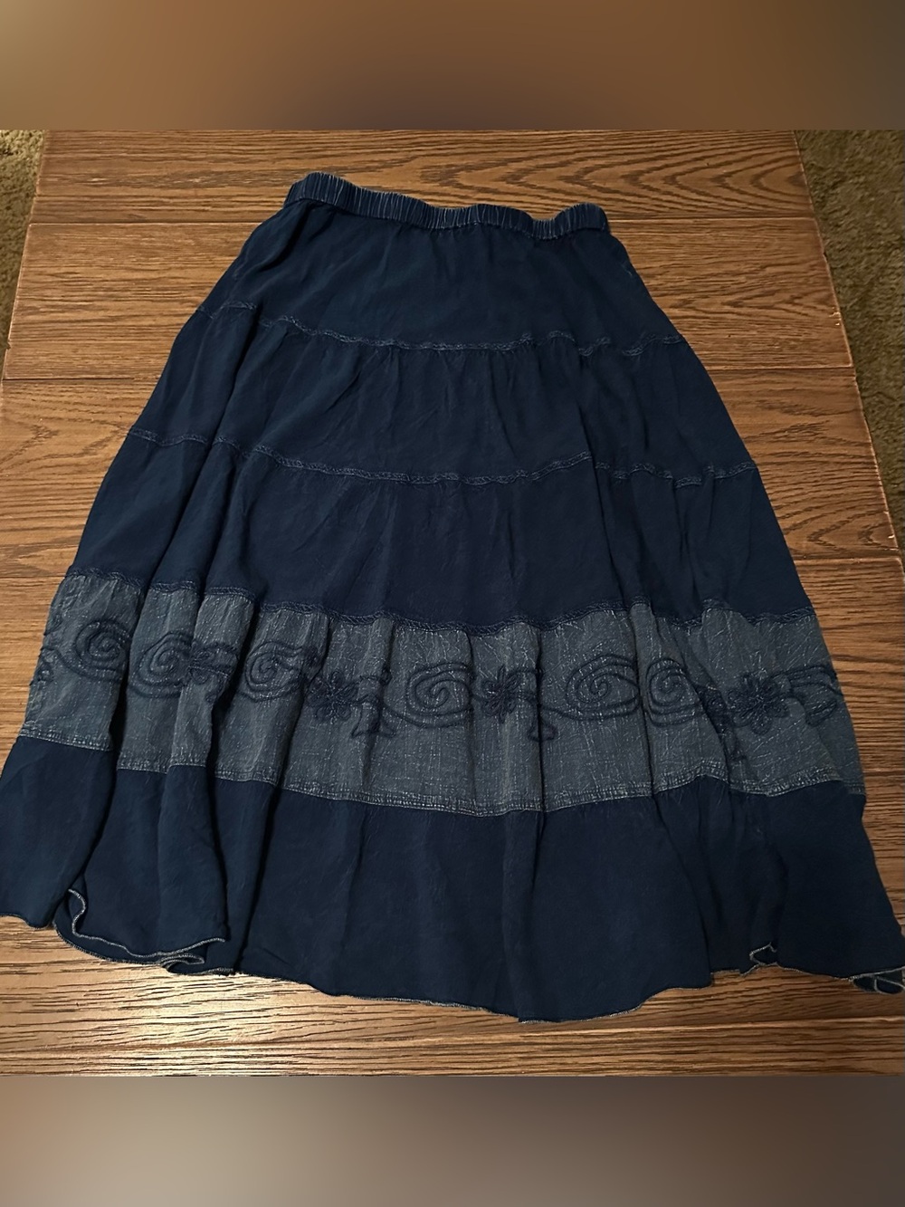 Studio West Navy Tiered Embroidered Maxi Skirt